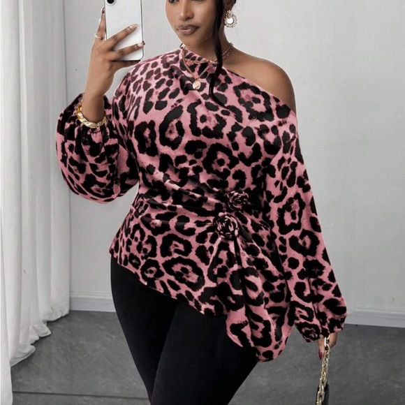 Plus Size Asymmetrical Off Shoulder Top Blouse Shirt Pink - Picture 15 of 16